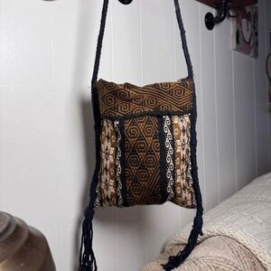 Artisan Woven Geometric Crossbody Bag Brown Black Boho Tassel Shoulder Bag